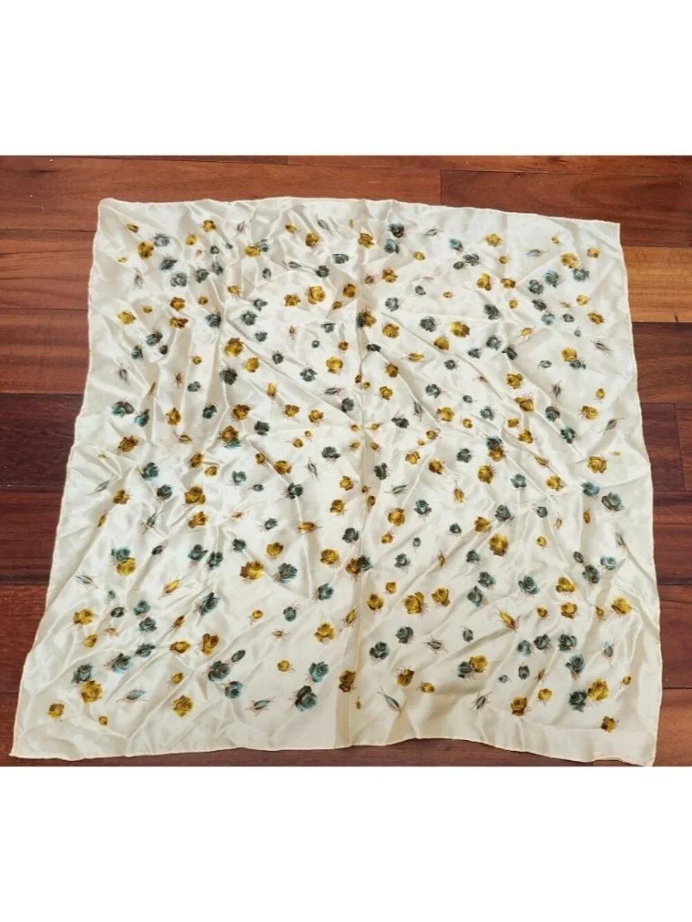 Vintage Floral Silk Scarf Square Cream Blue Yellow Rose Print Neck Hair Head 30'